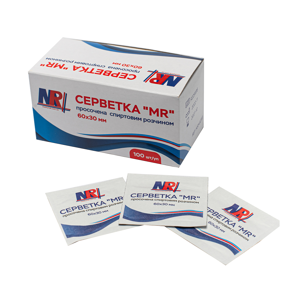 Серветка «MR», просочена спиртовим розчином, 60х30 мм, 100 шт/уп